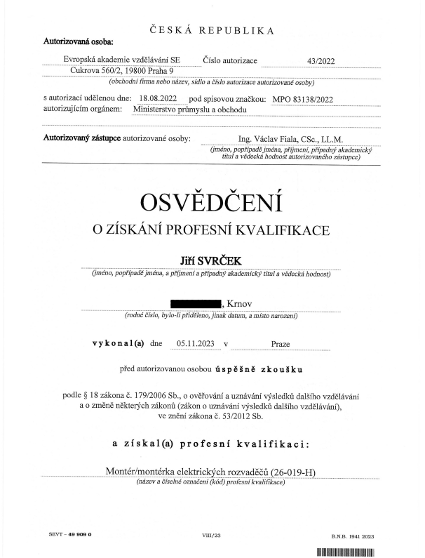 Osvědčení o získání profesní kvalifikace pro elektrické rozvaděče